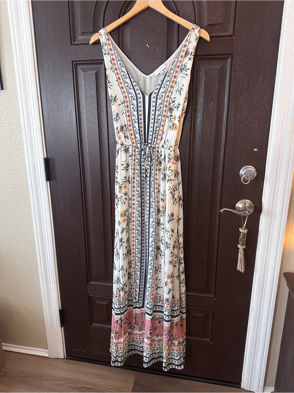 Lucky Brand Floral Print V-Neck Maxi Dress in Cream, Blue and Pink - Size small